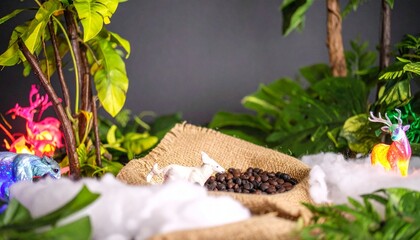 Fototapeta premium Indoor photo backdrop with green plants and checkered fabric decoration, simple studio setup