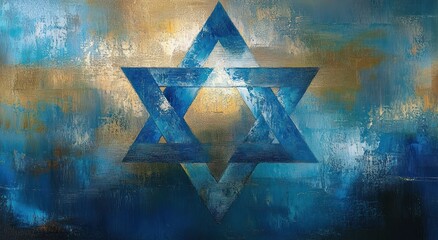 abstract textured painting featuring a large intertwined six-pointed star in varying shades of blue on a blended background of gold, teal, and dark blue tones