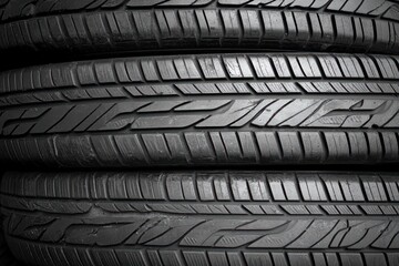 Close-up of stacked black vehicle tires showing detailed tread patterns in monochrome lighting