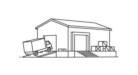 Simple Line Art Illustration of a Warehouse and Delivery Truck.