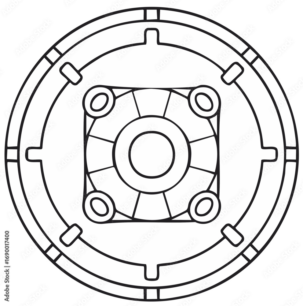 Poster symmetrical geometric circular abstract pattern outline illustration with square and inner circles f