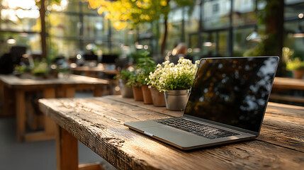 A cozy workspace featuring a laptop and potted plants amidst a bright, serene environment, ideal for inspiration and creativity.