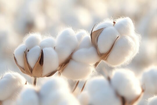 Close-up of soft, white cotton bolls on stems in a bright, natural light setting focused on textures and purity