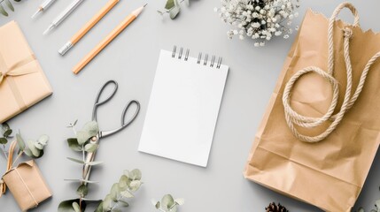 Flat Lay of Gift Wrapping Supplies with Notebook and Flowers on Light Gray Surface