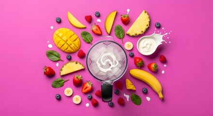 Overhead view of blender with ice and ingredients for making a smoothie on pink background
