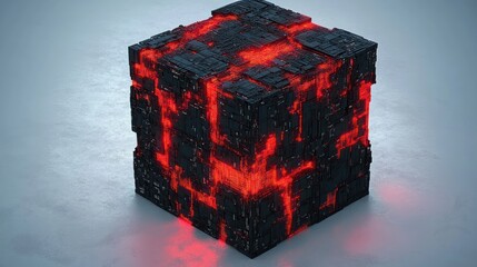 Futuristic black cube emitting glowing red light cracks on a smooth gray surface, evoking a high-tech and mysterious atmosphere