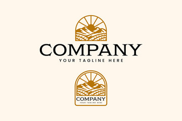 Sunrise mountain field retro logo for agriculture and organic. Vintage landscape emblem design with sun, hills, and farmland illustration. farm sunrise retro badge vector for eco and nature product