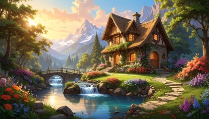 A charming cottage nestled in a vibrant, flower-filled valley with a gentle stream and distant mountains.