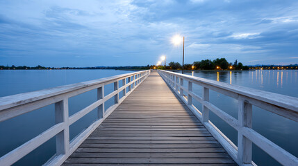 Obraz premium A serene wooden pier extending into a tranquil lake, illuminated by soft lights under a cloudy twilight sky.