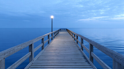 Fototapeta premium A serene wooden pier extends over calm waters, illuminated by soft light, creating a tranquil atmosphere at dusk.