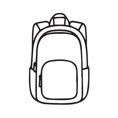 Vector minimalist elegant illustration of a backpack, designed in black and white with bold black outline, symbolizing travel, functionality, simplicity, and timeless everyday style.