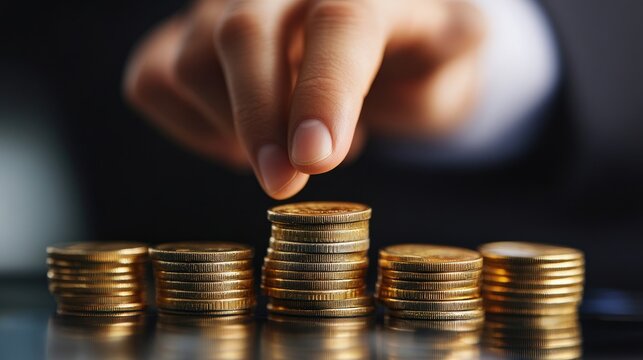 Hand placing coin on stack of coins; financial growth; dark background