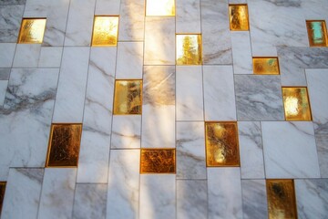 White marble tiles with natural gray veins interspersed with shiny gold metallic rectangles reflecting light