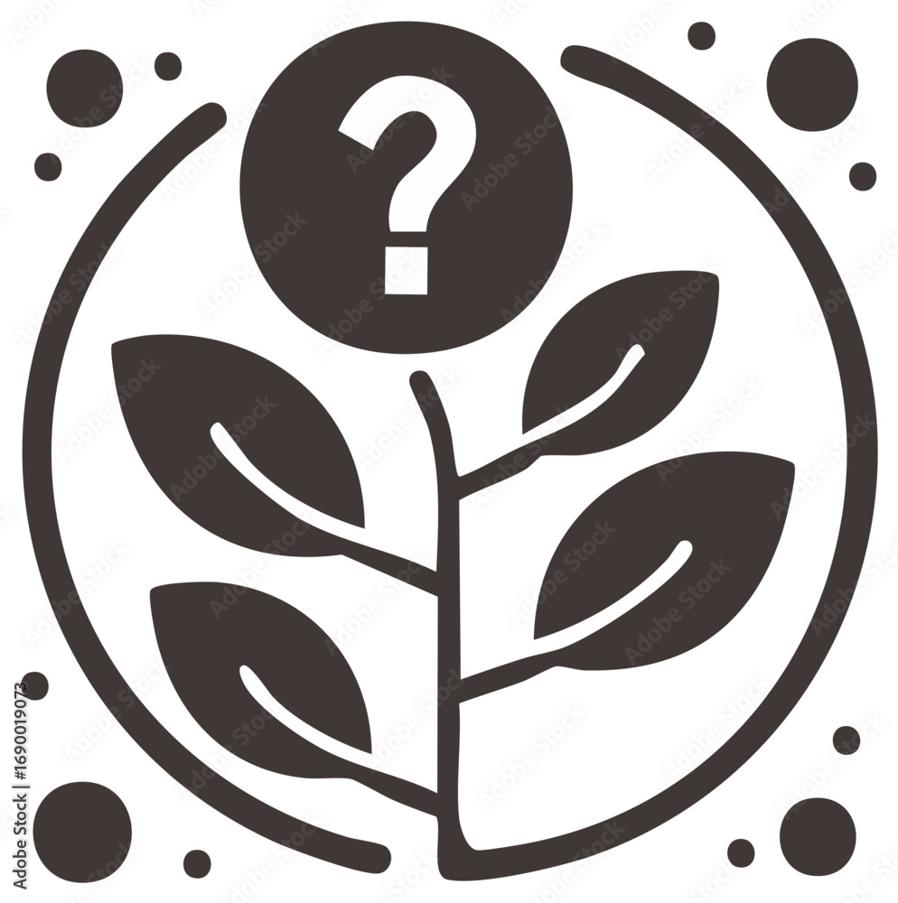 Poster minimalist flat icon of a sapling growing a question mark, symbolizing doubt and future development