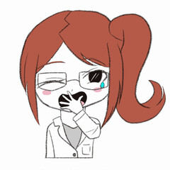 白衣を着た女性があくびをしている