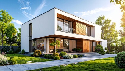 Minimalist modern boarding house building with white walls, wooden accents, and large windows