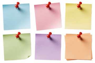 Colorful sticky notes pinned with red thumbtacks, perfect for brainstorming, planning, and creative ideas