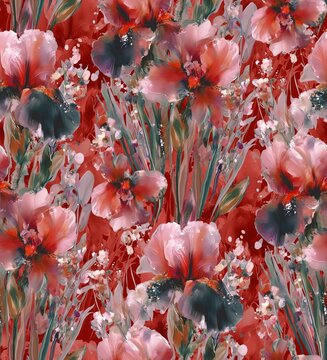 Red and pink flowers Abstract art watercolor flower creative allover design  seamless floral pattern new concept textile design digital creators artist leave, grass design repet pattern 