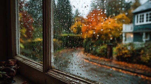 View from inside cozy home looking out window onto rainy autumn day, window frame provides natural framing. Moody, reflective, copy space.