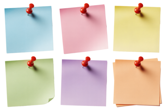 Colorful sticky notes pinned with red thumbtacks, perfect for brainstorming, planning, and creative ideas