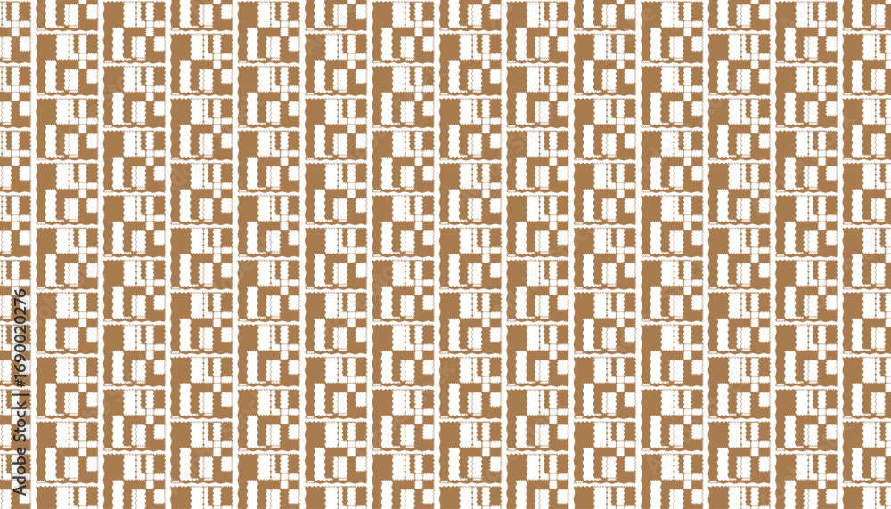 Poster repeating geometric pattern of white rectangles with jagged edges on a brown background