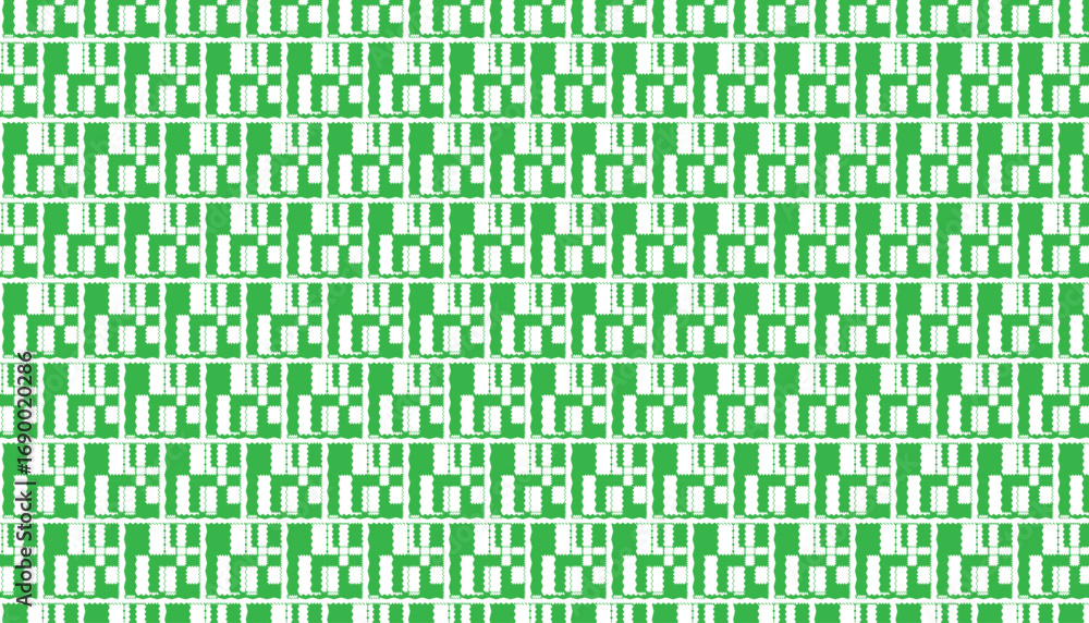 Poster repeating geometric pattern of white rectangles with jagged edges on a green background