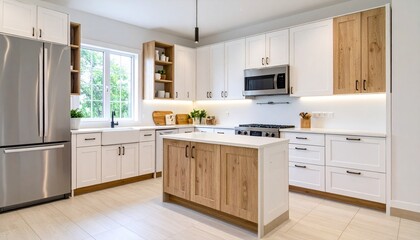 Fototapeta premium Modern kitchen interior with complete appliances including refrigerator, stove, oven