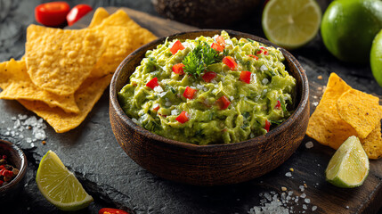 Delicious guacamole served in a wooden bowl with fresh tortilla chips and lime, perfect for parties and gatherings.