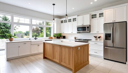 Modern kitchen interior with complete appliances including refrigerator, stove, oven