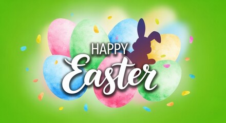 Artistic 2D "Happy Easter" with watercolor-style eggs, a bunny silhouette, and confetti on a bright green spring background. Holiday concept
