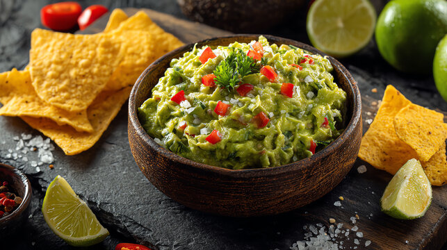 Delicious guacamole served in a wooden bowl with fresh tortilla chips and lime, perfect for parties and gatherings.