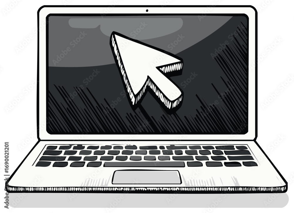 Poster open laptop computer with arrow cursor points to display as a sketch illustration in monochrome for 