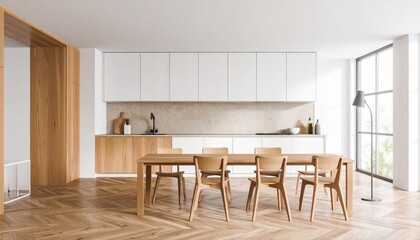 Shared kitchen area in a boarding house, bright and clean, equipped with cabinets, sink, dining table, and chairs, warm and welcoming atmosphere, high detail photography