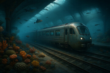 Naklejka premium Subaquatic Transit: A conceptual image of a train submerged beneath the ocean's surface, navigating a tunnel alongside diverse marine life, an exploration of underwater transportation.
