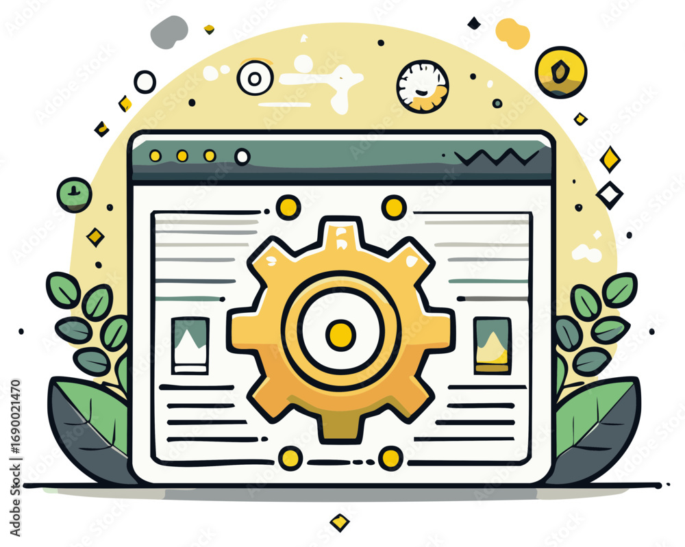 Poster digital settings and software concept, gear icon inside of a web browser graphic