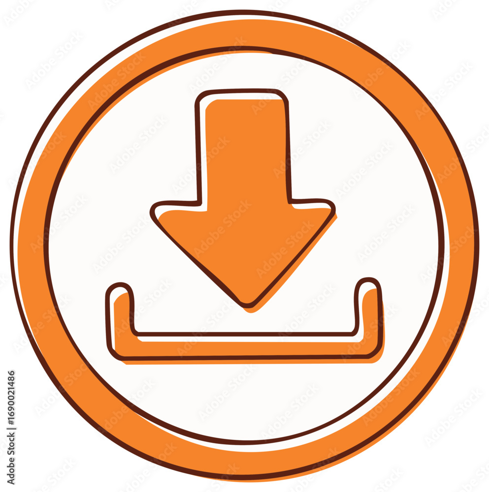 Poster orange download icon with a simple sketchy style representing data transfer and storage