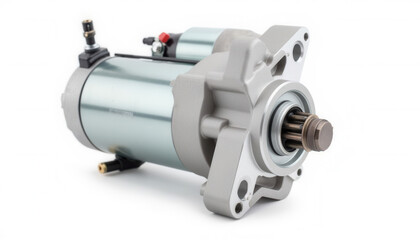 Automotive starter motor in metallic finish on white background  