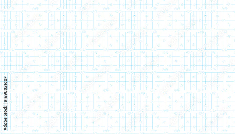 Poster repeating pattern of blue geometric swirls and grids on a white background keywords: pattern, geomet