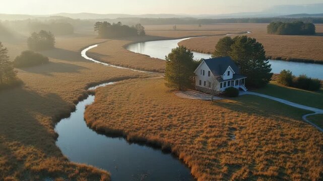 Aerial view dead marsh at wetland near residential house