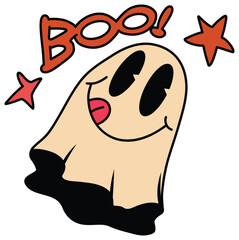 Cute Cartoon Ghost with Boo Text and Stars