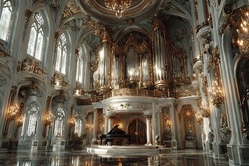 Naklejka premium Grand ornate organ and piano in opulent hall gold silver