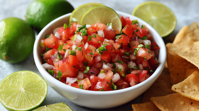 Freshly made salsa in a bowl, garnished with lime slices, served with crispy tortilla chips for a delicious snack.