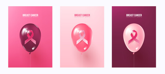 Pink balloon with breast cancer ribbon design for awareness month campaign poster flyer or banner template in three color backgrounds