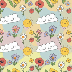 Cheerful seamless pattern illustration with cute suns, clouds, and flowers design, patern seamless, Stock royalty free.