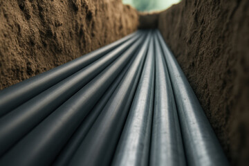 Underground utility conduit pipes neatly aligned in a trench during modern infrastructure installation and construction project