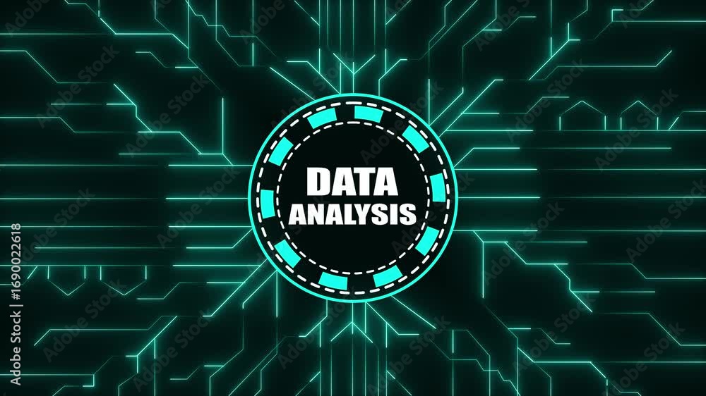 Aufkleber data analysis concept with glowing circuit board background and central text circle information busi