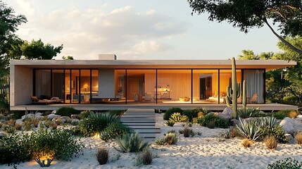 Peaceful desert adobe house with natural garden high resolution picture