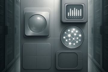Server Room Interface: A futuristic interface panel displays high-tech visualizations of data, technology, and network processes within a sleek and advanced server room.
