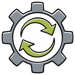 Gray gear and green arrows icon representing system update, workflow automation, and synchronization