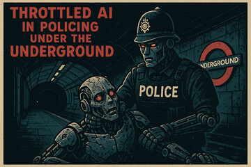 Throttled AI Policing in The Underground: A futuristic tableau depicts a robotic officer detaining another automaton in a dark, stylized underground setting. The scene evokes themes of surveillance.